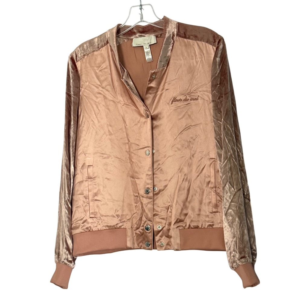 Fleur du Mal Silk Velvet Bomber Jacket Rose Gold Snap Front - Large